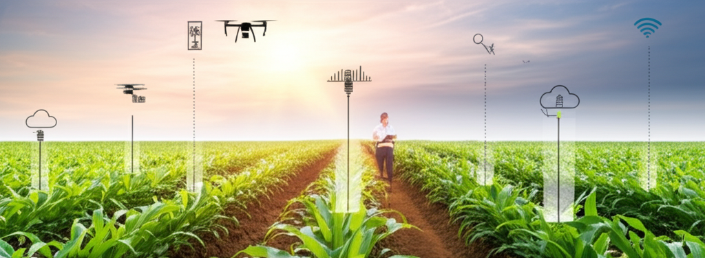 Agricultural community with digital overlay representing blockchain